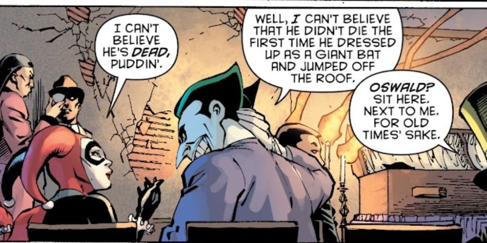 Harley and Joker talking at Batman's funeral
