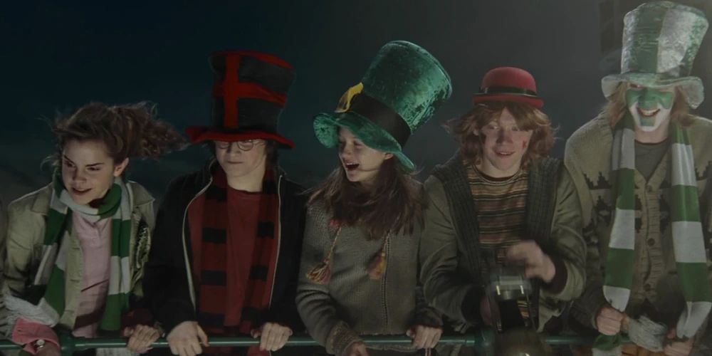 Harry, Hermione, and the Weasleys attend the Quidditch World Cup in Harry Potter.