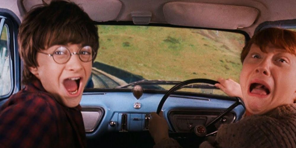 Harry and Ron looking back and screaming in the Flying Ford in The Chamber of Secrets.