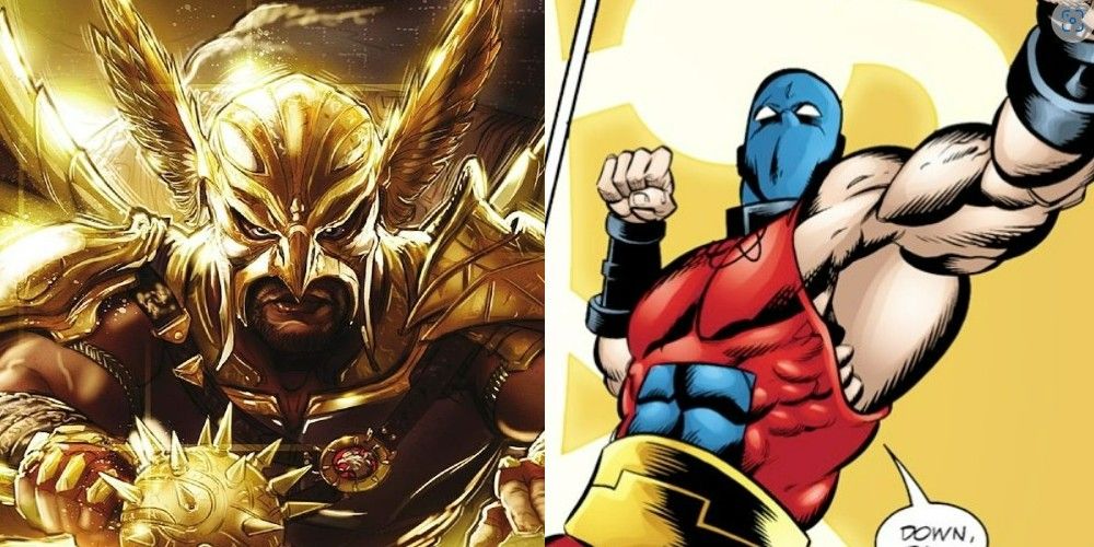 A split image of a Thanagarian Warrior and of Atom Smasher getting ready to strike