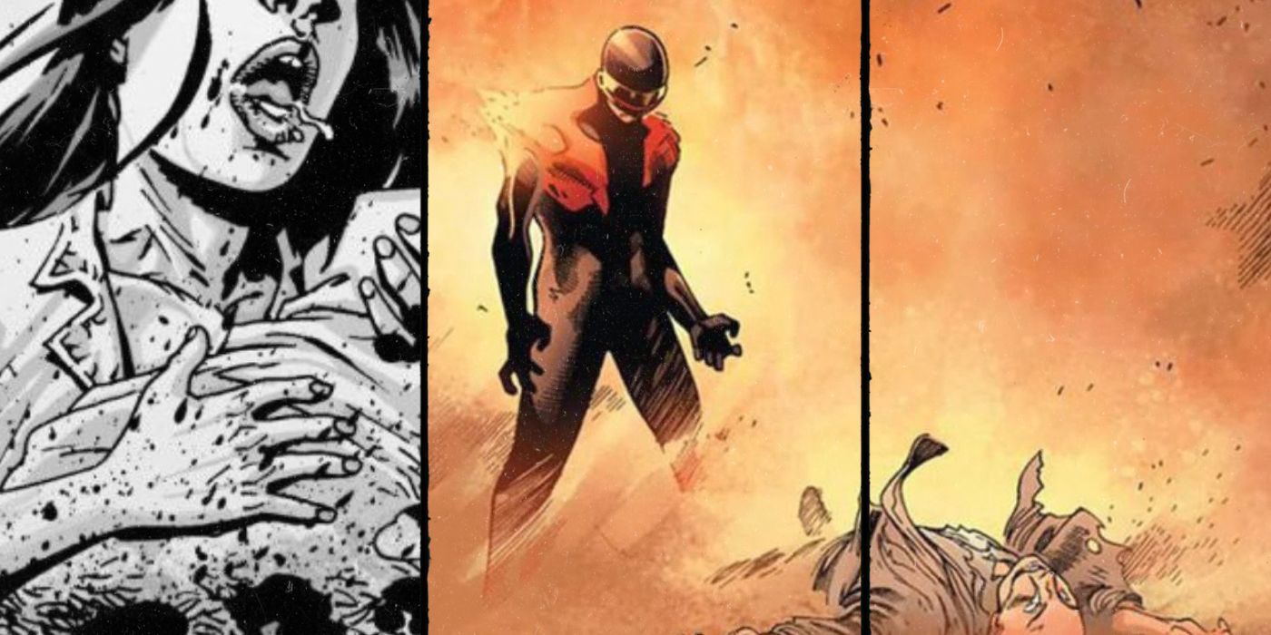 Split images of Lori Grimes being shot in TWD comics and Dark Phoenix Cyclops killing Professor X in X-Men comics 