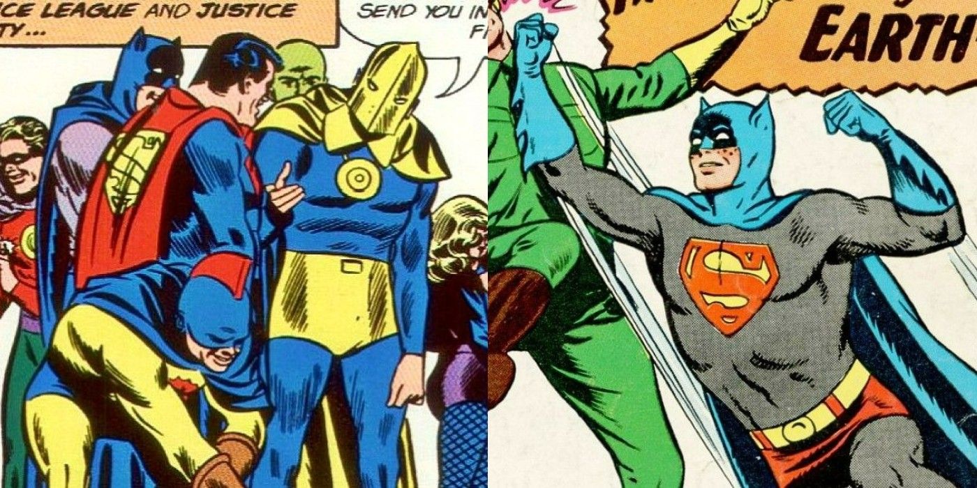 A split image of the Justice League talking to the Justice Society and of Jimmy Olsen as Batman/Superman