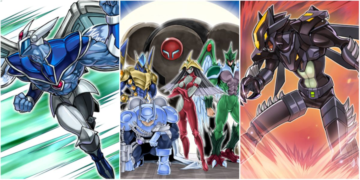 A split image of various Hero cards from Yu-Gi-Oh!