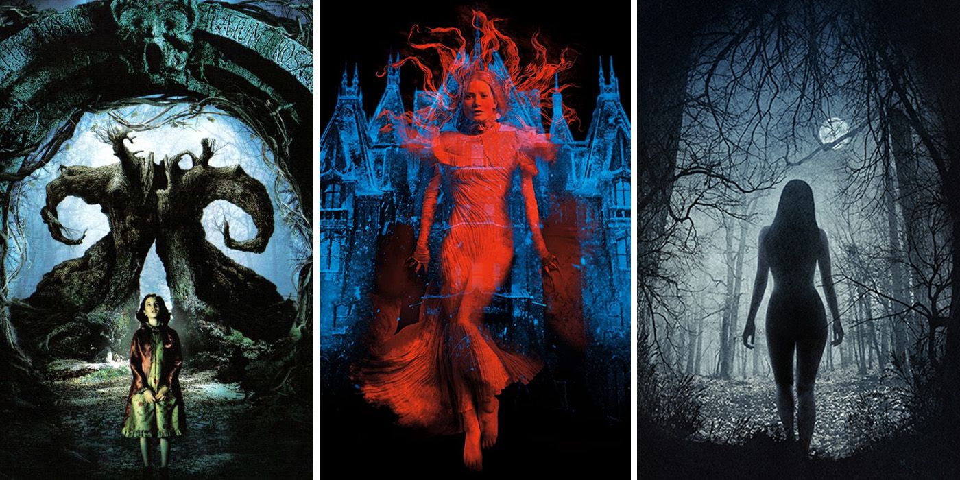 split image of Pan's Labyrinth, Crimson Peak and The Witch movie posters