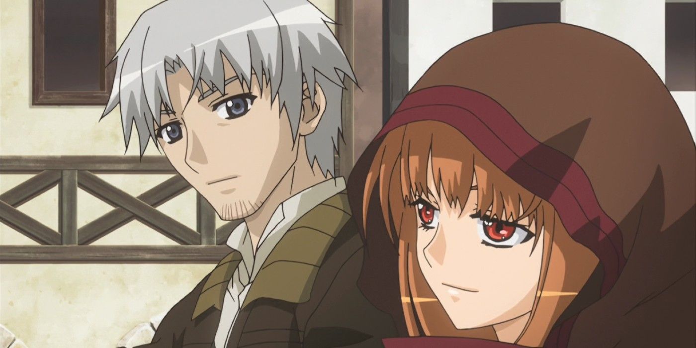 Holo and Lawrence from Spice and Wolf anime slightly smiling