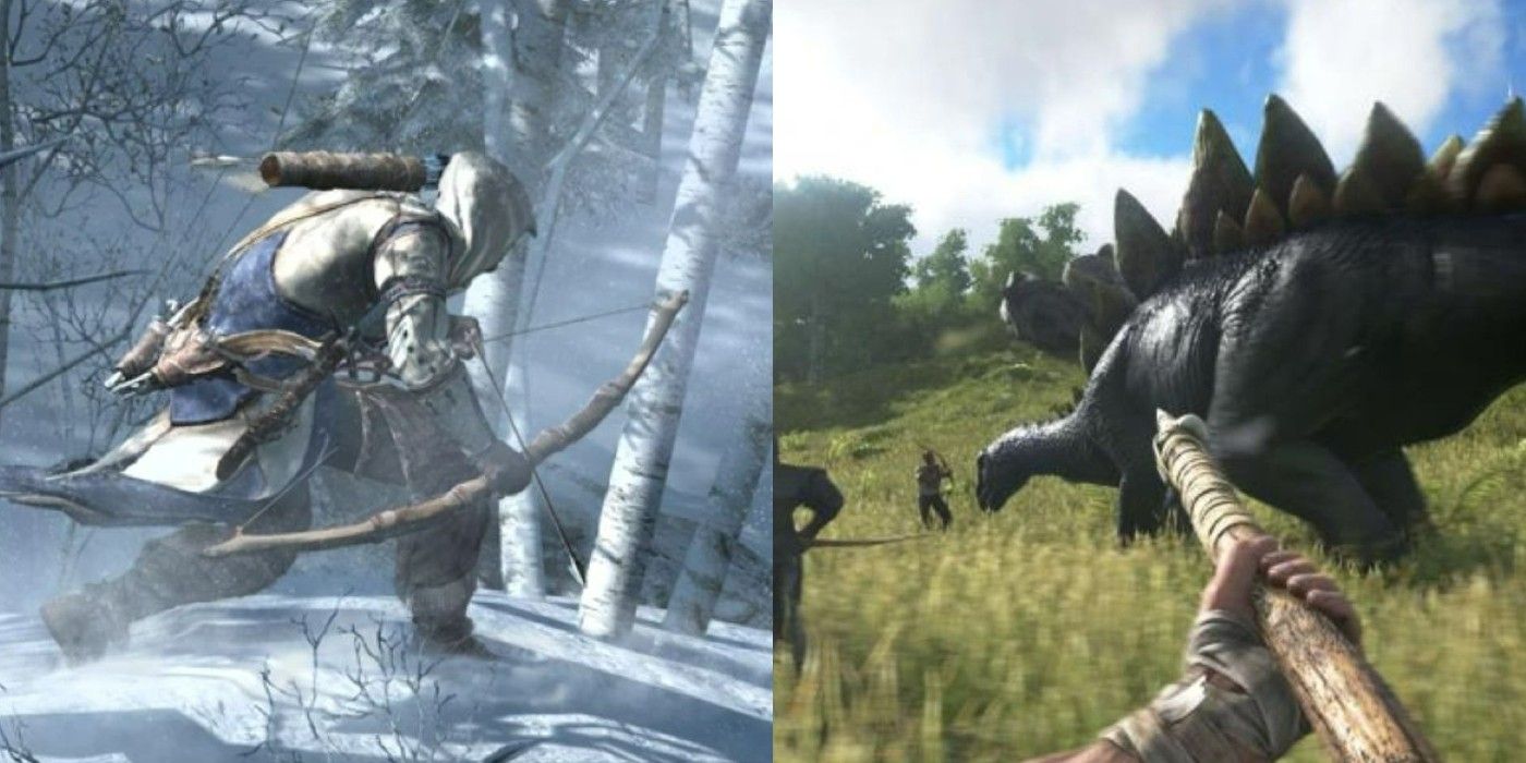 A split image of an assassin crouching with a bow and arrow in Assassin's Creed 3 and of gameplay from Ark: Survival Evolved