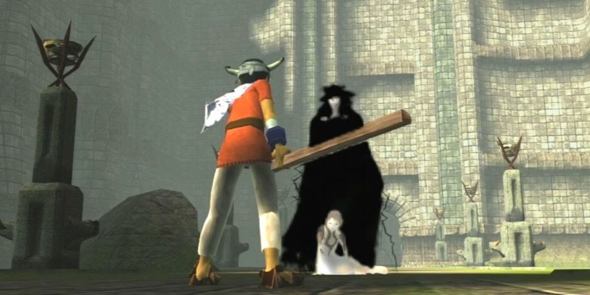 Ico fights a shadow to save Yorda in the Ico game
