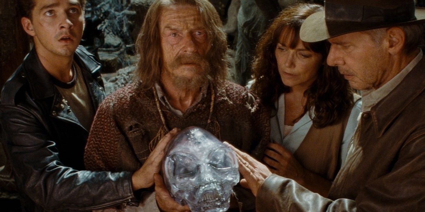Mutt, Harold Oxley, Indy and Marion holding the Crystal Skull in Indiana Jones and the Kingdom of the Crystal Skull.