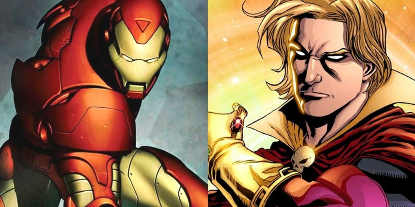 A split image of Iron Man in his iconic pose and of Adam Warlock wearing the Infinity Gauntlet