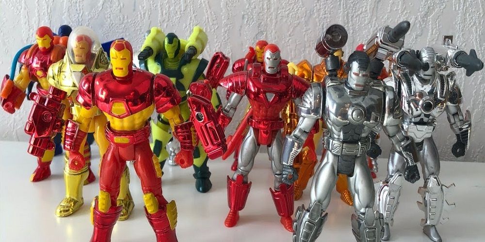An image featuring a collection of Iron Man toys