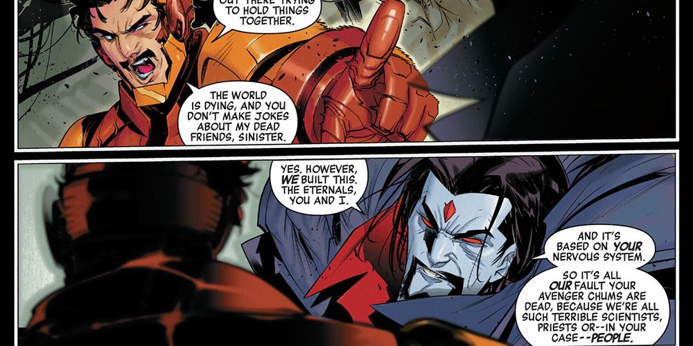 Iron man and sinister discuss how the celestial is made from Tony
