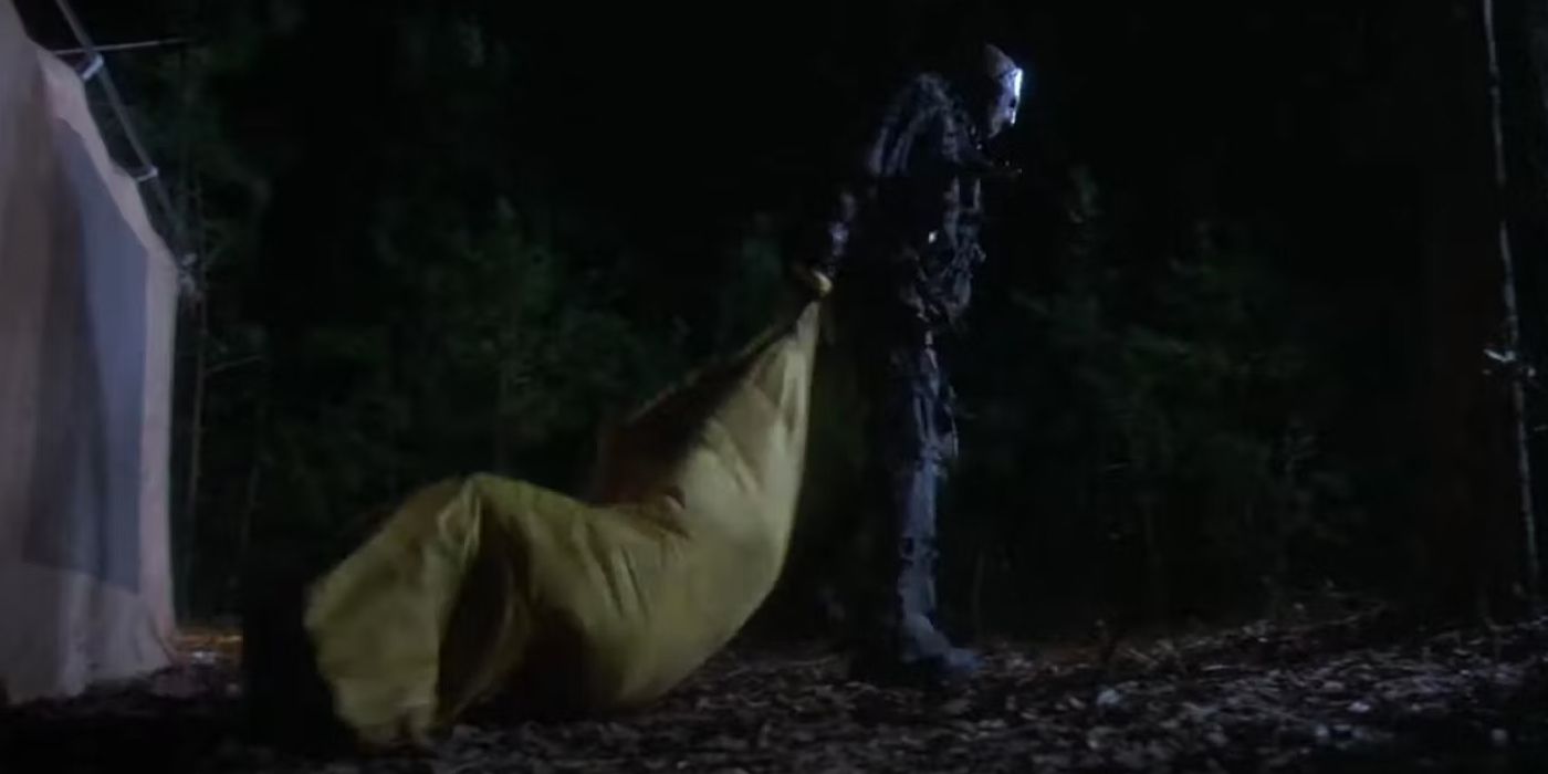 Jason dragging a woman in a sleeping bag in Friday the 13th Part VII