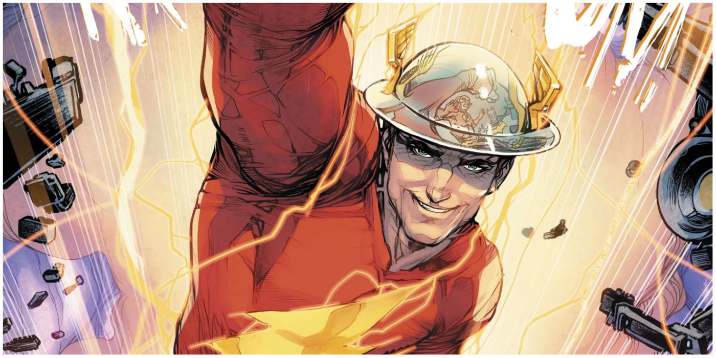 Jay Grrick running forward with BArry Allen's reflection in his helmet in DC comics