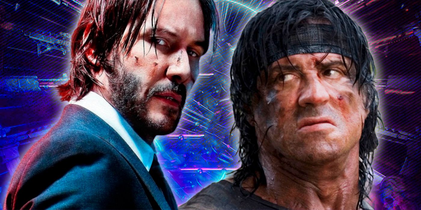 Keanu Reeves as John Wick alongside Sylvester Stallone's Rambo