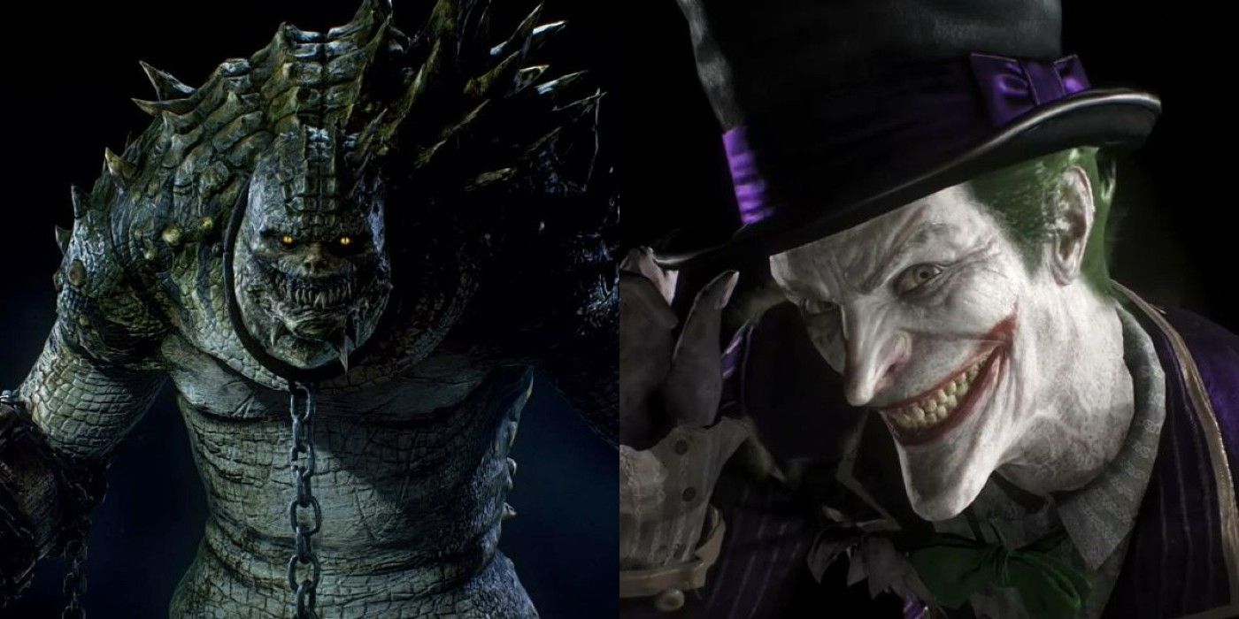 A split image of Killer Croc and The Joker from the Batman Arkham video game series
