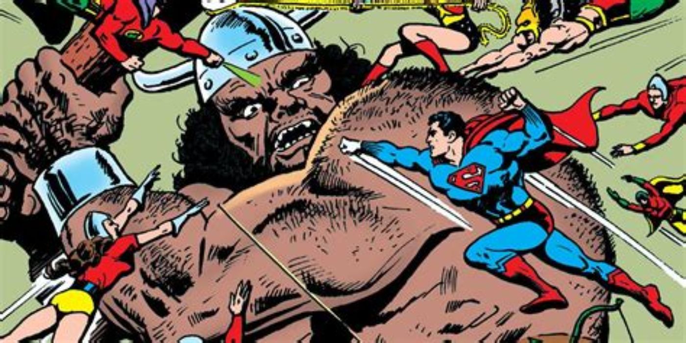 A giant King Kull swats at Superman and the heroes of the JLA and JSA
