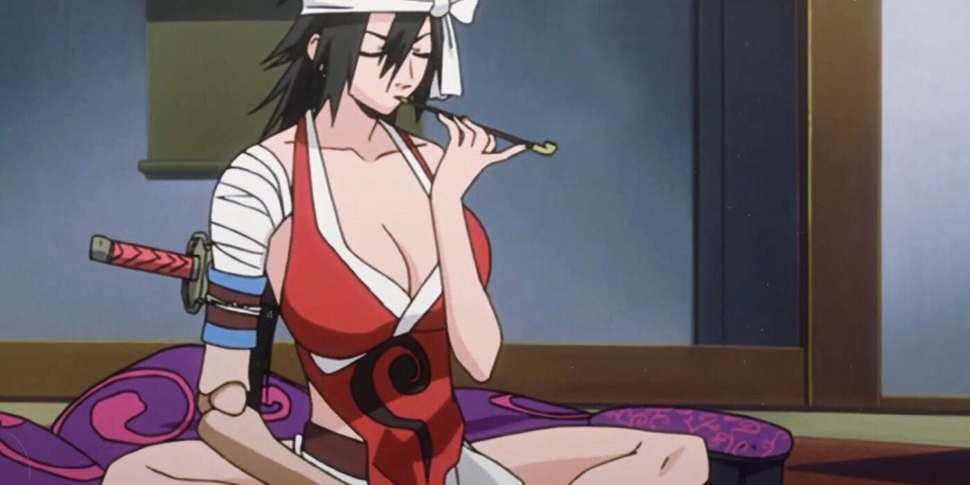 Kukaku Shiba smoking a pipe indoors