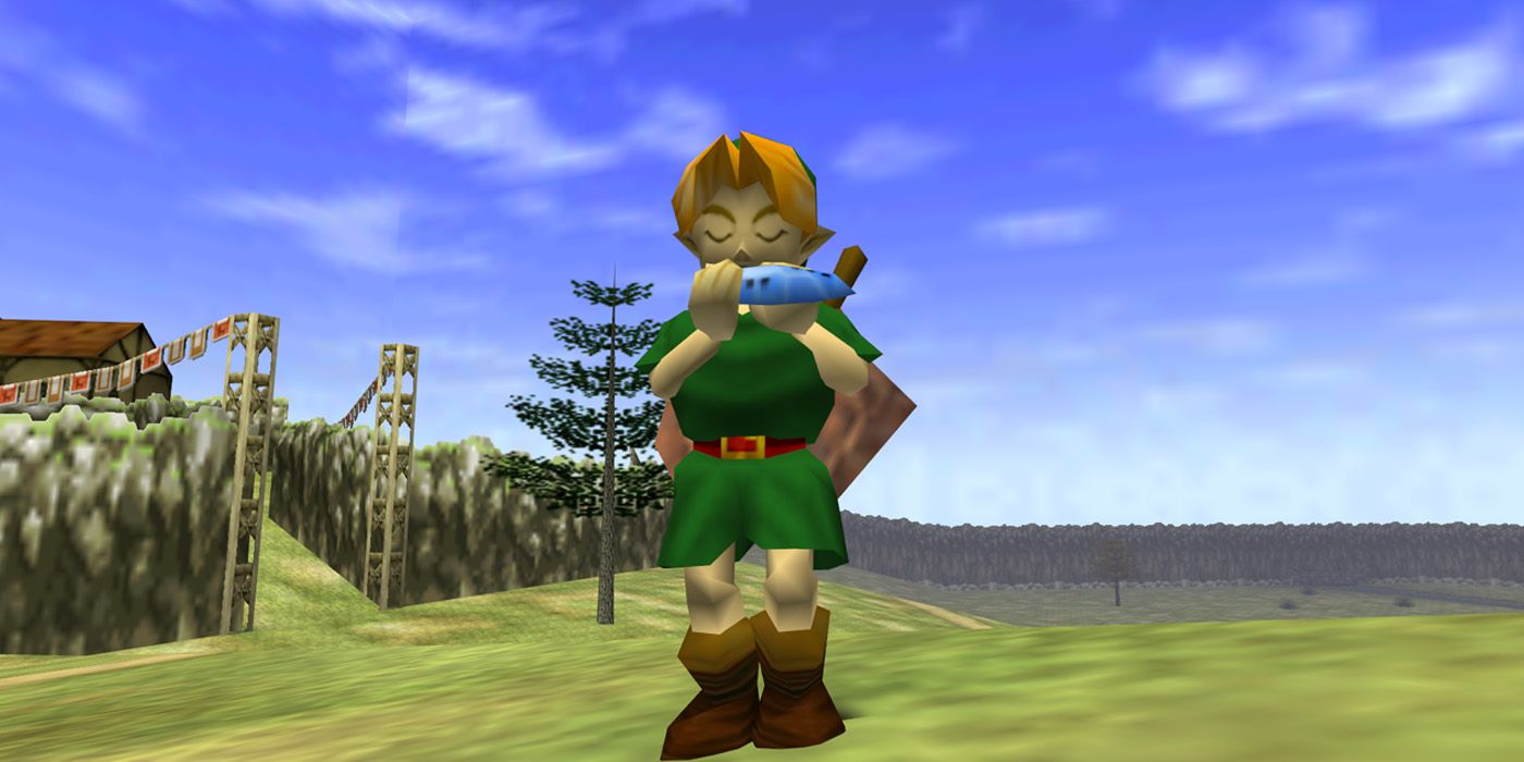 Link jogando a Ocarina of Time em The Legend of Zelda: Ocarina of Time