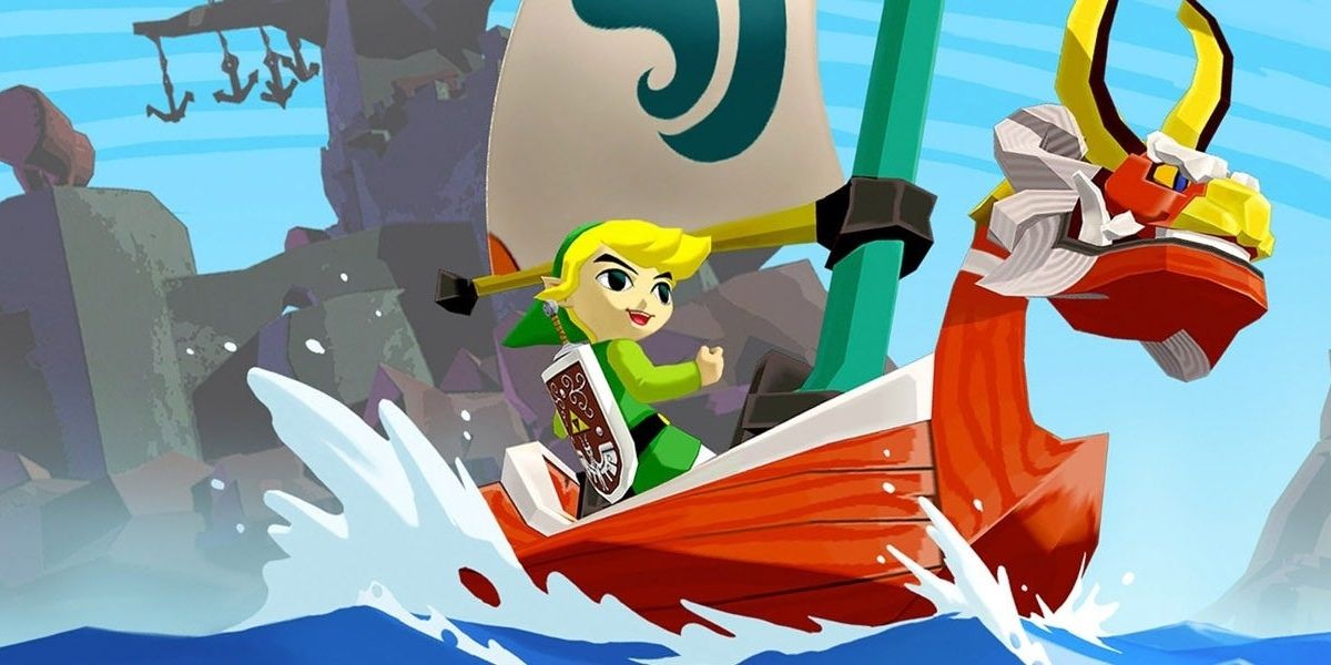 Link navegando em seu navio no jogo The Legend of Zelda: The Wind Waker.