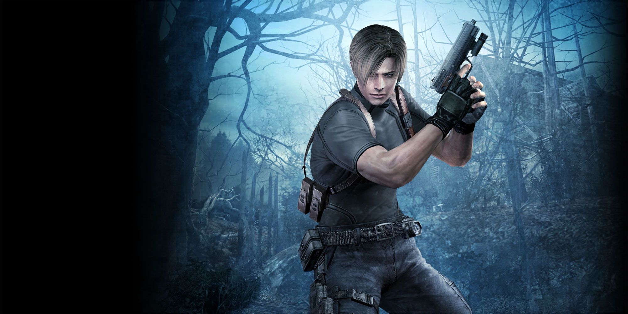 Leon S. Kennedy holds a gun up in front of a European Village in Resident Evil 4.
