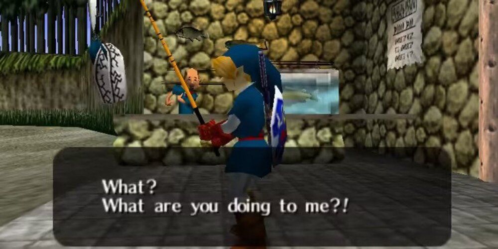 Link rouba o chapéu do pescador em The Legend of Zelda: Ocarina of Time.
