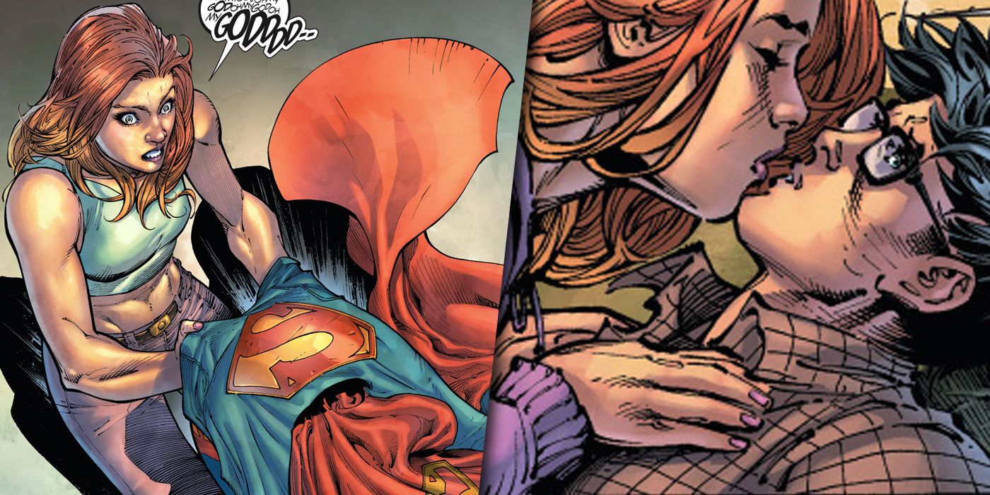 Lisa Lasalle finding Clark Kent's costume and kissing him split image