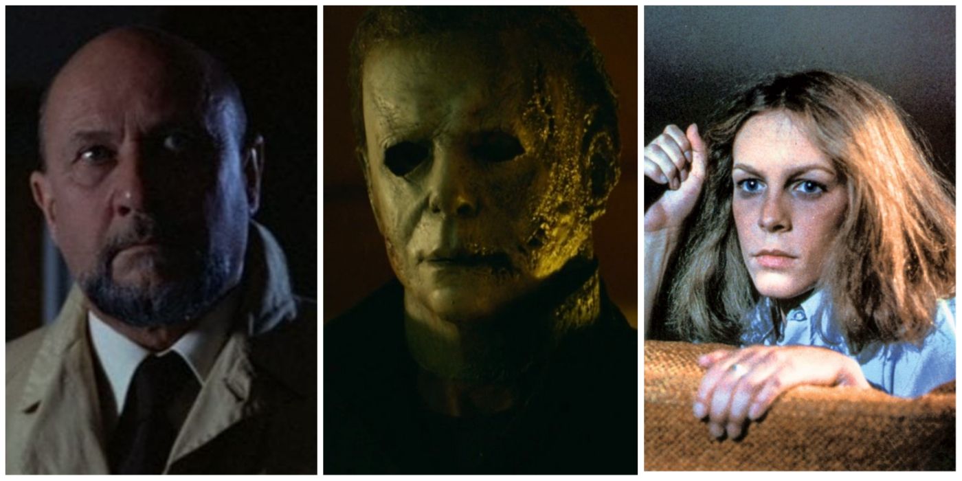 A split image of Halloween's Doctor Loomis, Michael Meyers, and Laurie Strode.
