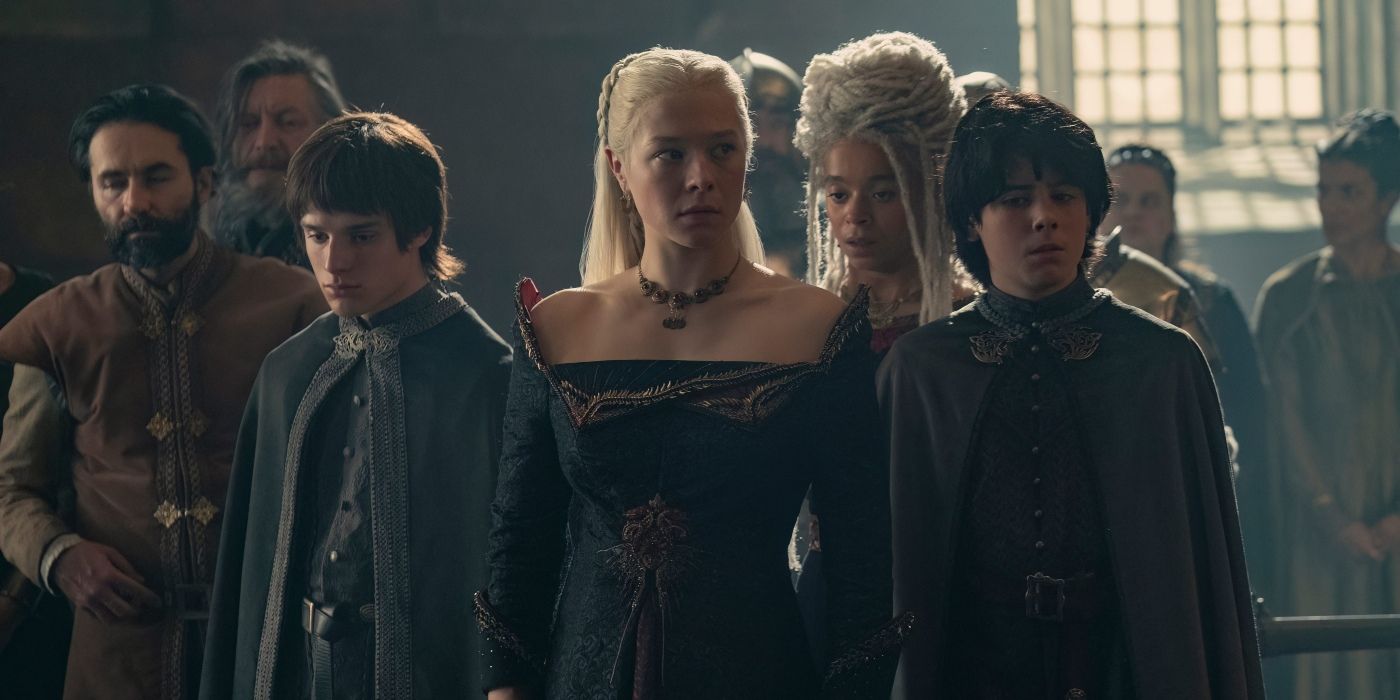 Rhaenyra Targaryen with her sons, Lucerys and Jaecerys Velaryon, in House of the Dragon.