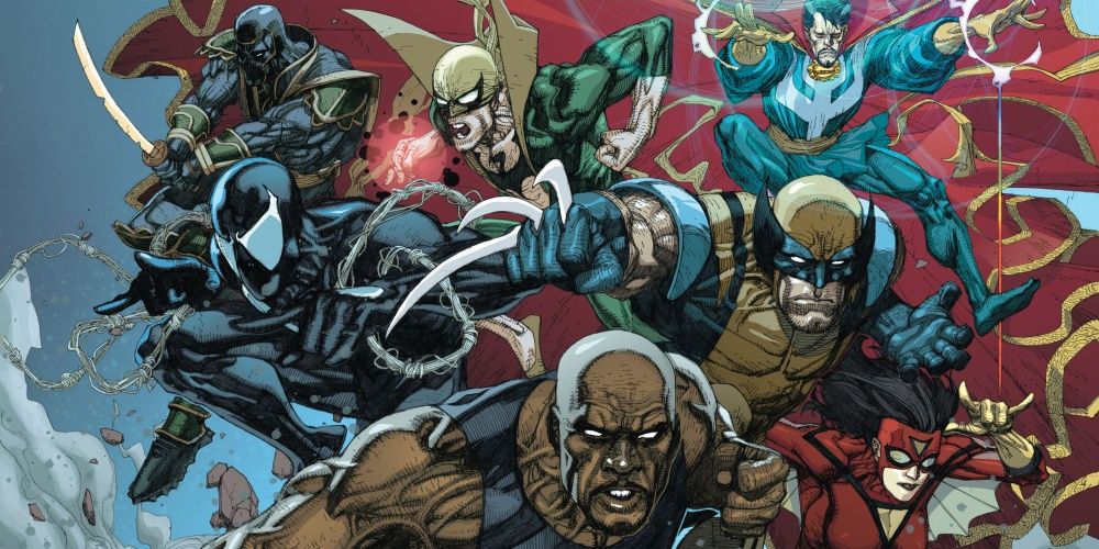 New Avengers Bendis action shot featuring Luke Cage, Wolverine, Spider-Man, Doctor Strange, Ronin, and Iron Fist