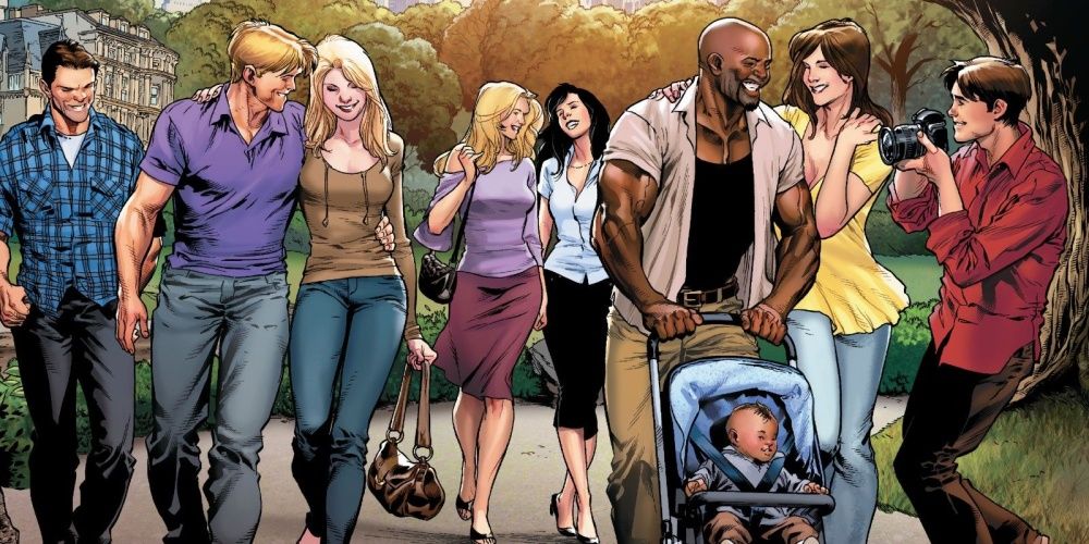 The New Avengers as couples in Marvel Comics, including Luke Cage, Jessica Jones, and their son.
