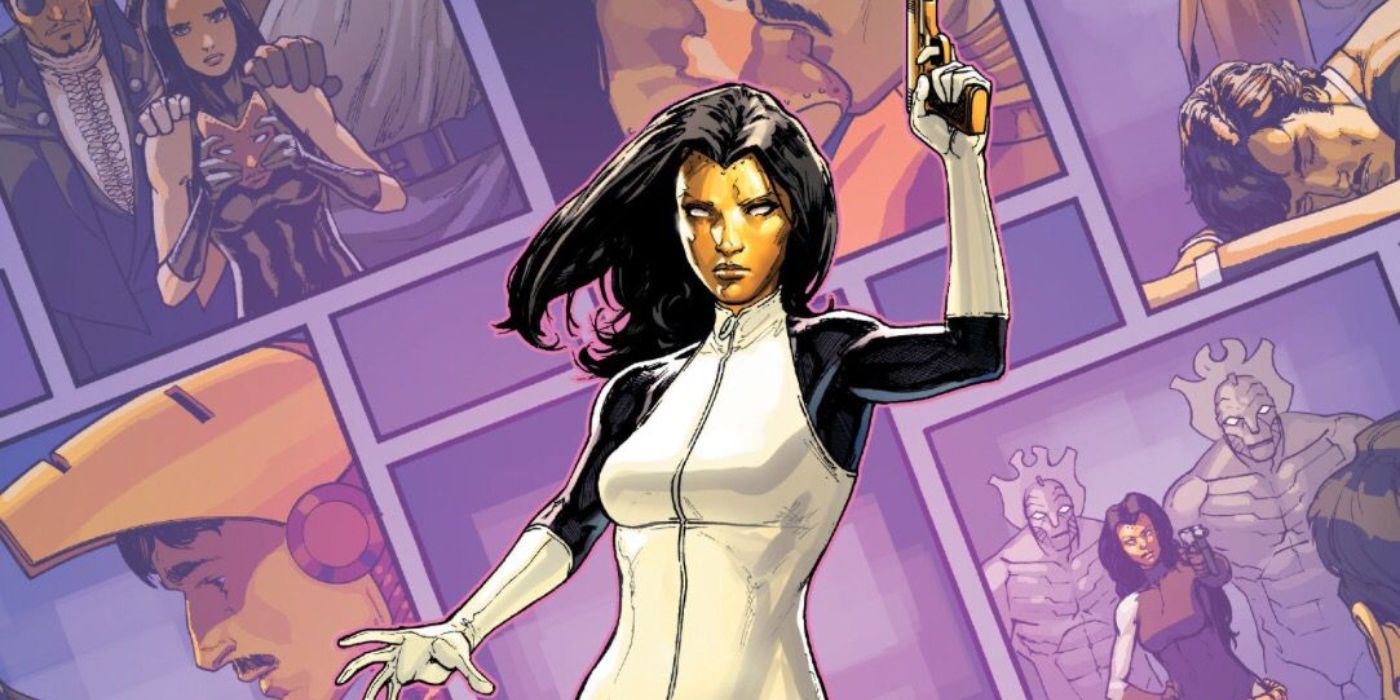 Madame Masque holds a golden gun in Marvel Comics