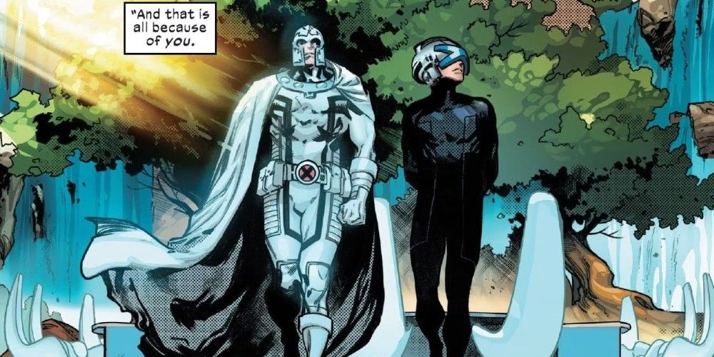 Magneto and Xavier walk through Krakoa in Marvel Comics