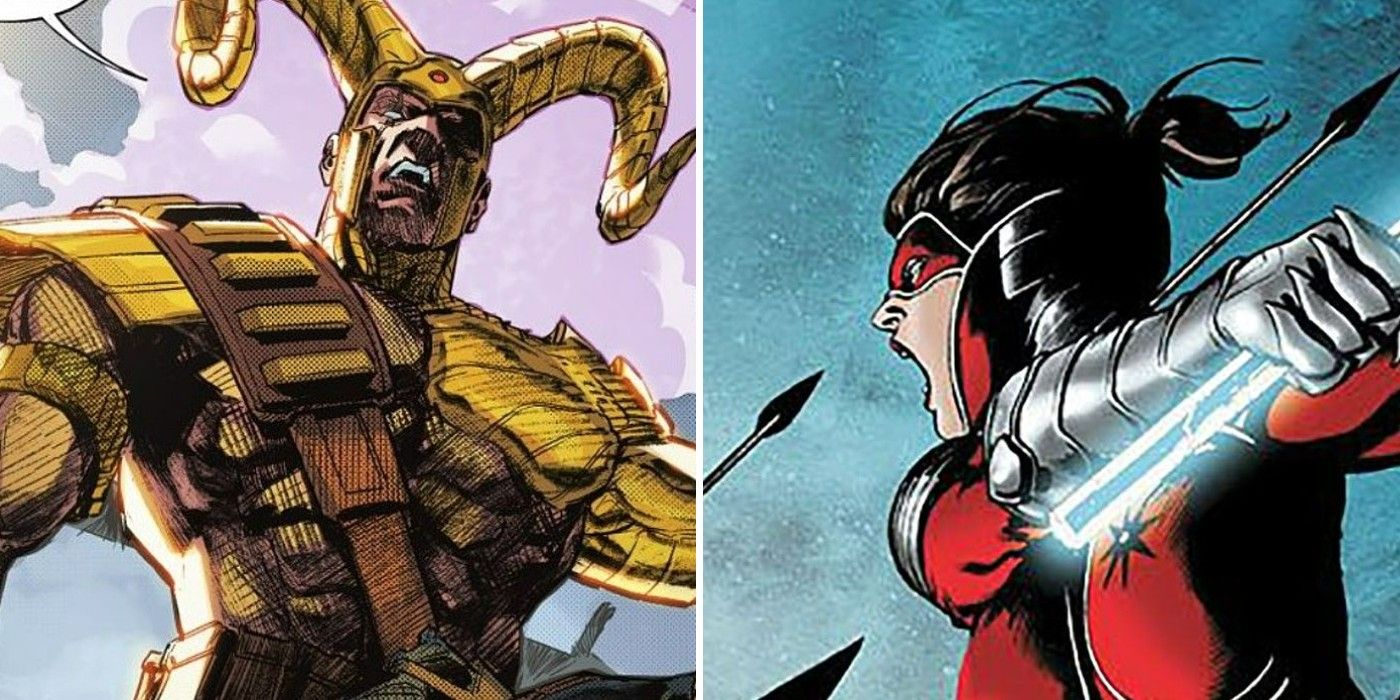 A split image of Magog preparing to fight and of Kate Spencer as Manhunter, rushing in battle