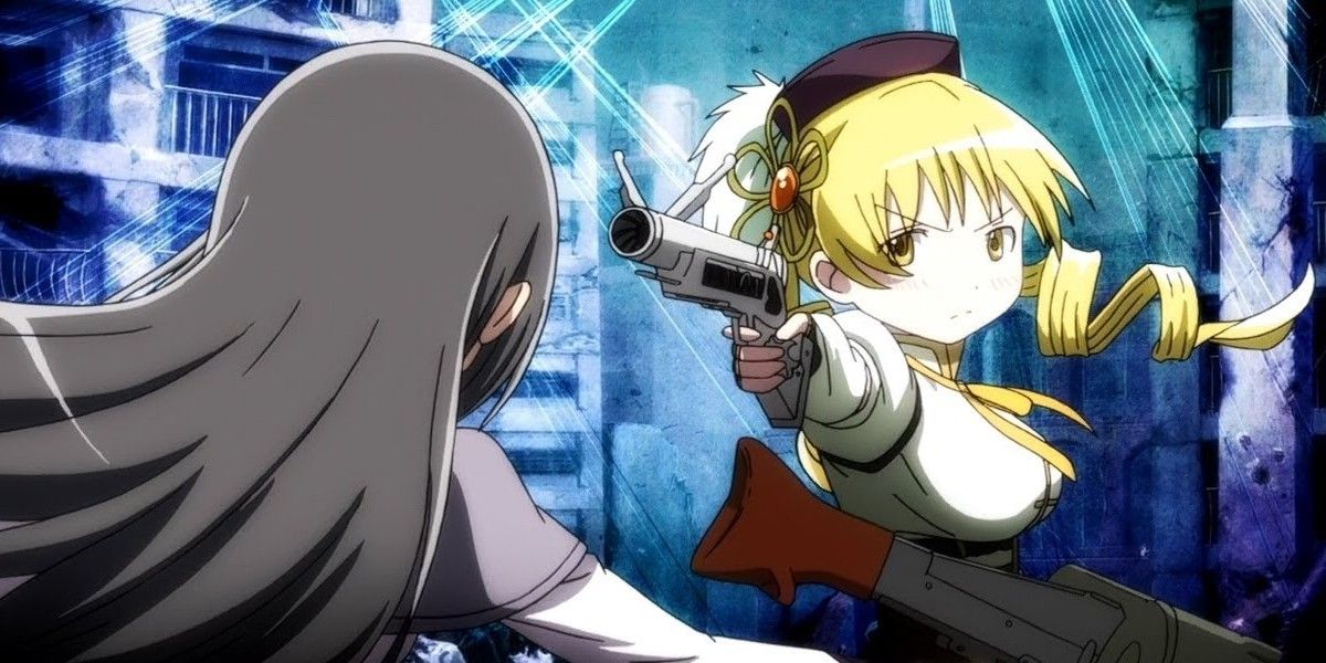 Mami points her gun at Homura in the 3rd Madoka Magica film
