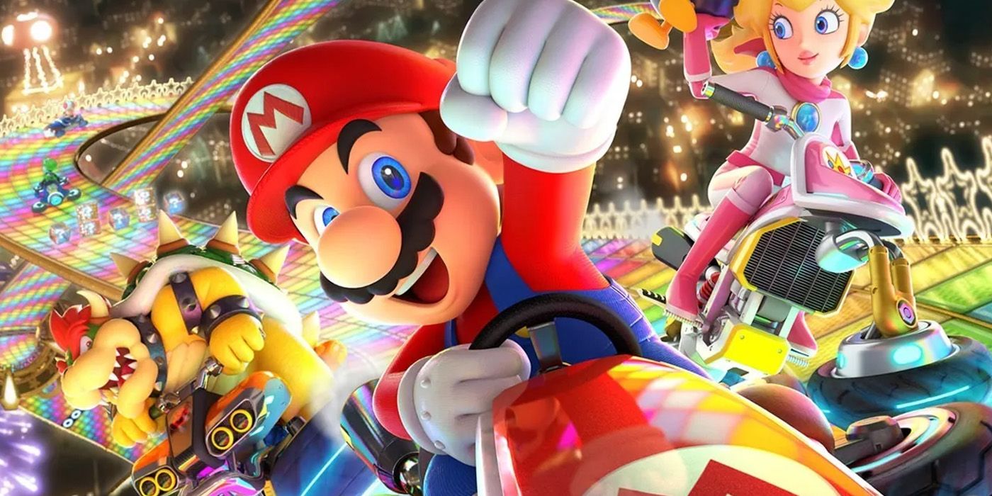 Uma imagem de arte promocional do jogo Mario Kart 8 com vários personagens correndo.