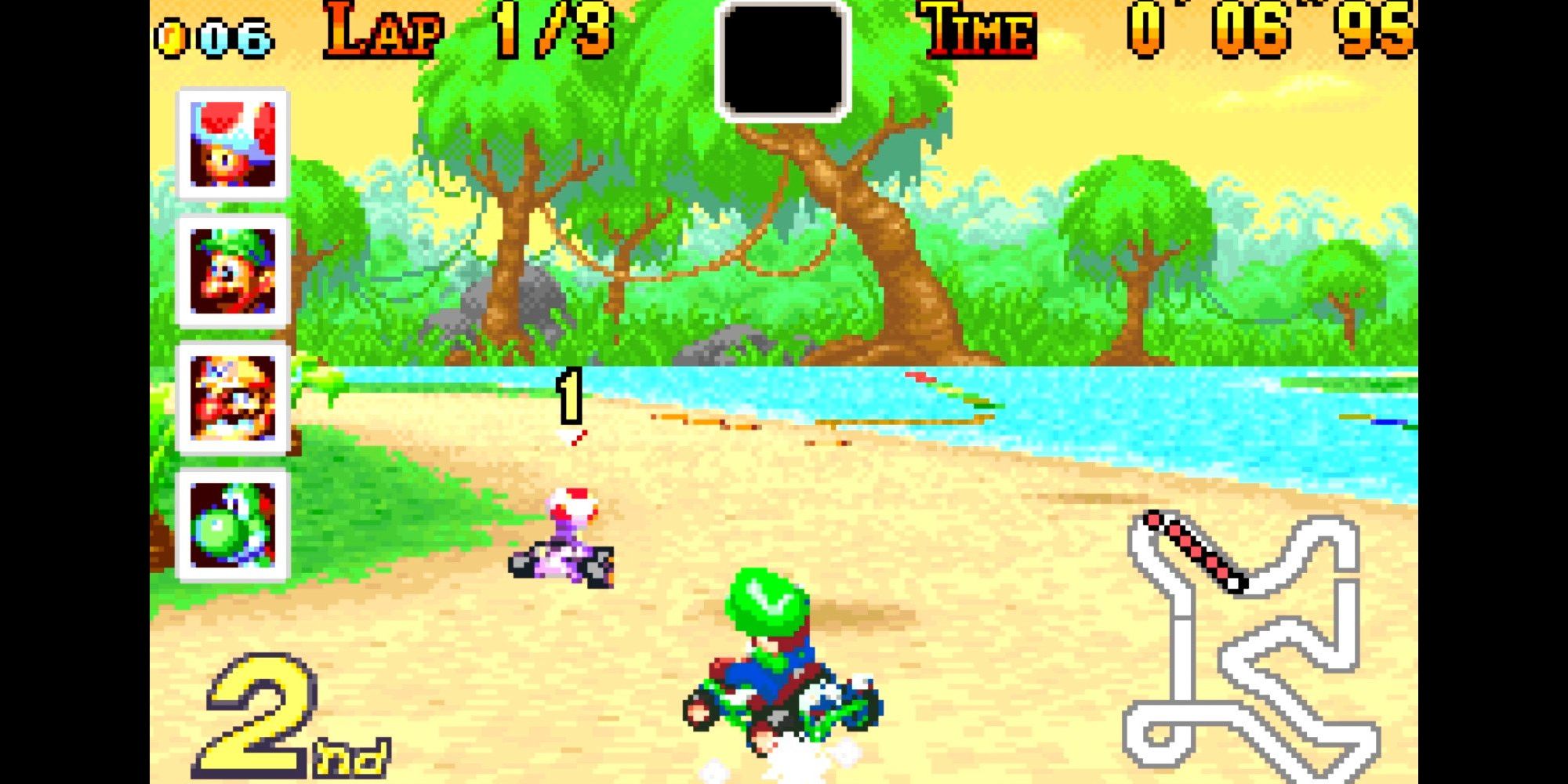 Luigi trails Toad for first place in Mario Kart Super Circuit