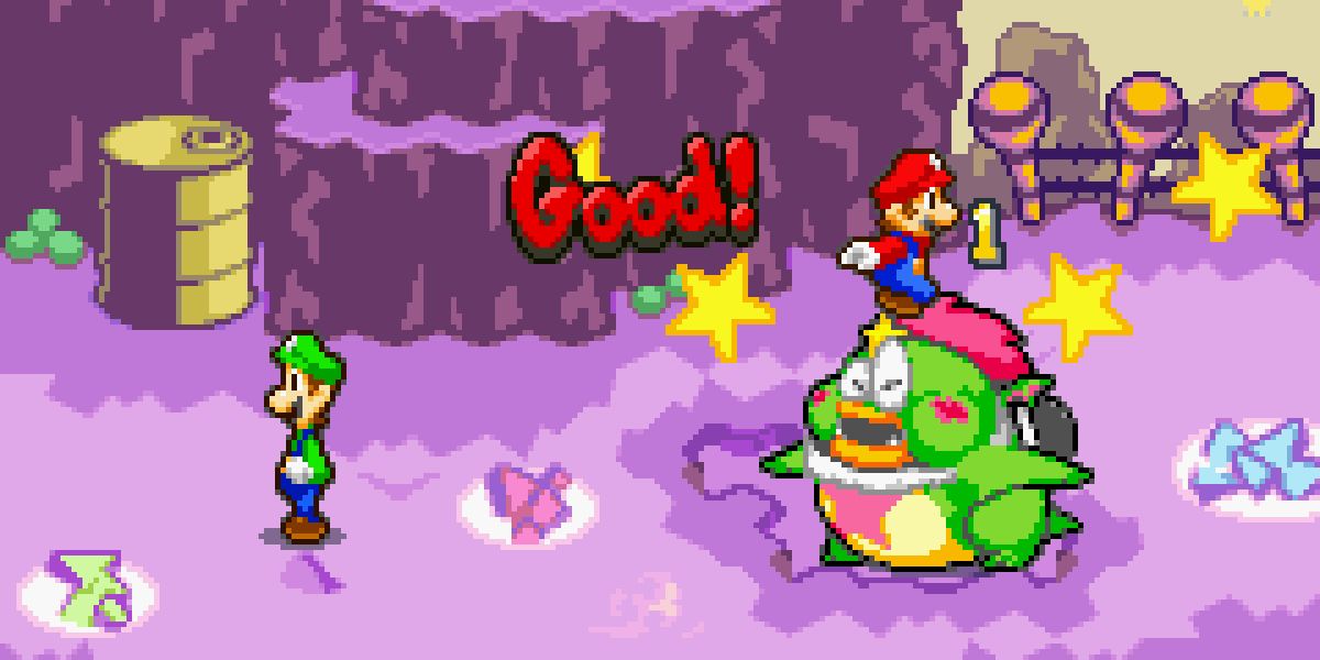Mario leaps on top of an enemy, damaging it, while Luigi looks away in Mario & Luigi Superstar Saga