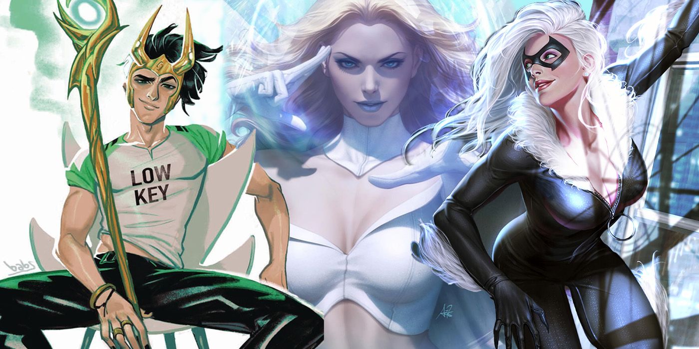 Collage of images of Loki, Emma Frost, and Black Cat