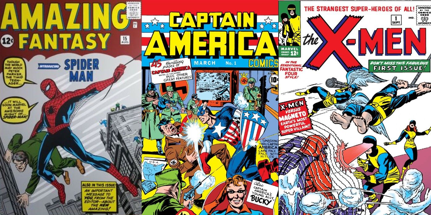 Covers to Amazing Fantasy #15, Captain America #1, and X-Men #1