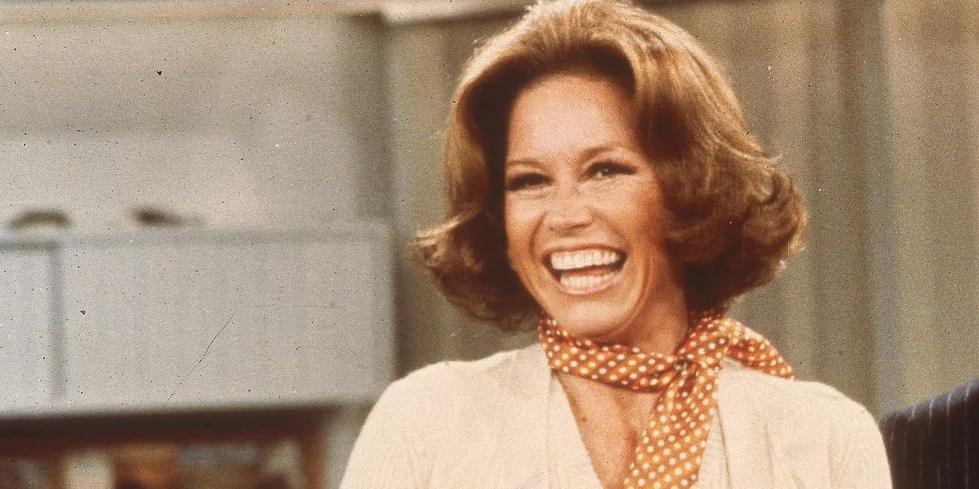 Mary Tyler Moore rindo no programa de TV Mary Tyler Moore