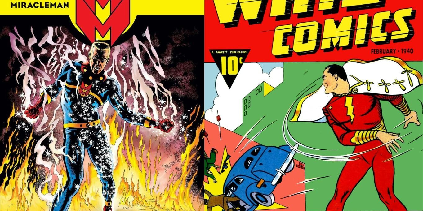 Split Image - Miracleman In Fire & Captain Marvel Throwing A Car