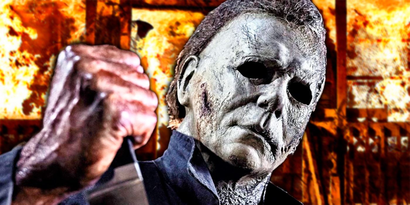 Halloween Ends' Michael Myers in front of the burning house from Halloween Kills