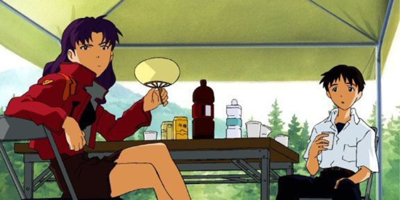 Misato and Shinji sitting at a table together 