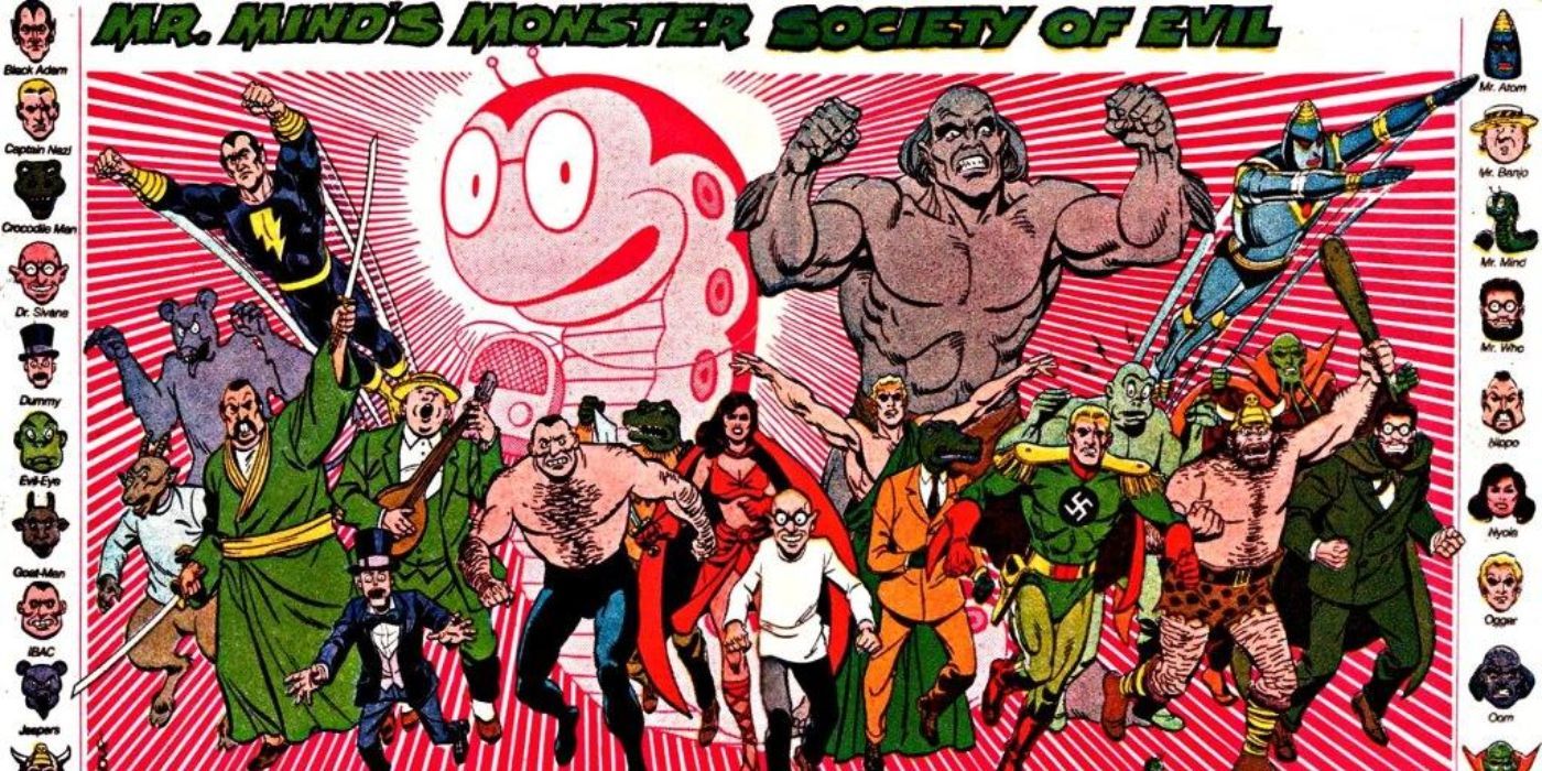 Mister Mind's Monster Society of Evil, including Black Adam, Doctor Sivana, Ibac, King Kull, Herkimer, Mister Banjo, and Captain Nazi.