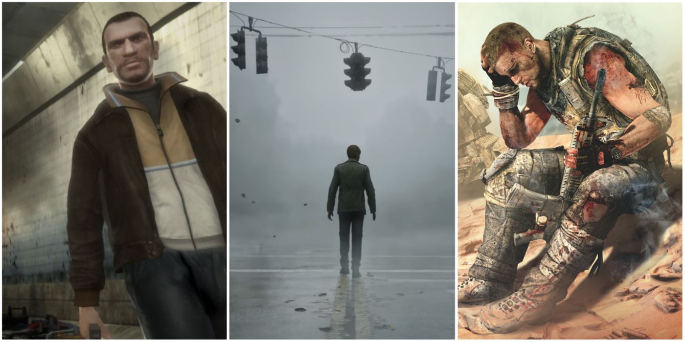 A split image showing Niko Bellic from Grand Theft Auto IV, James Sunderland in Silent Hill 2, and Martin Walker in Spec Ops: The Line