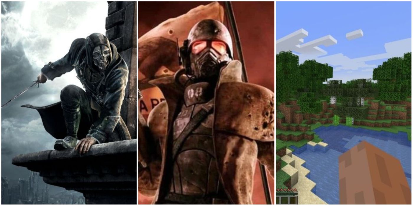 A split image showing Corvo Attono in Dishonored, the NCR Ranger from Fallout: New Vegas, and Steve's hand in Minecraft
