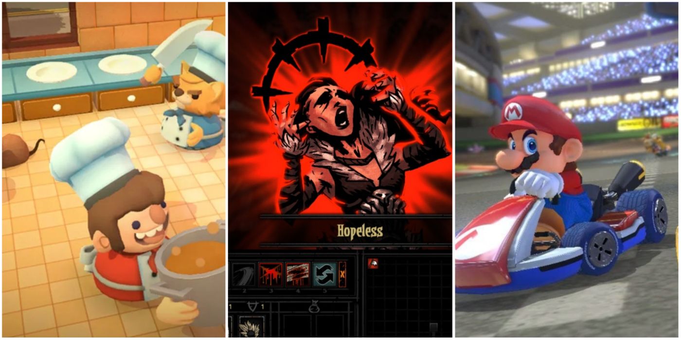 Most stressful video games list featured image Overcooked, Darkest Dungeon, Mario Kart