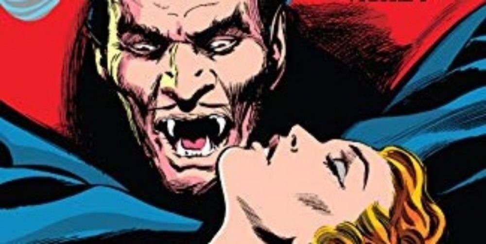Dracula about to feed on an unconscious lady 