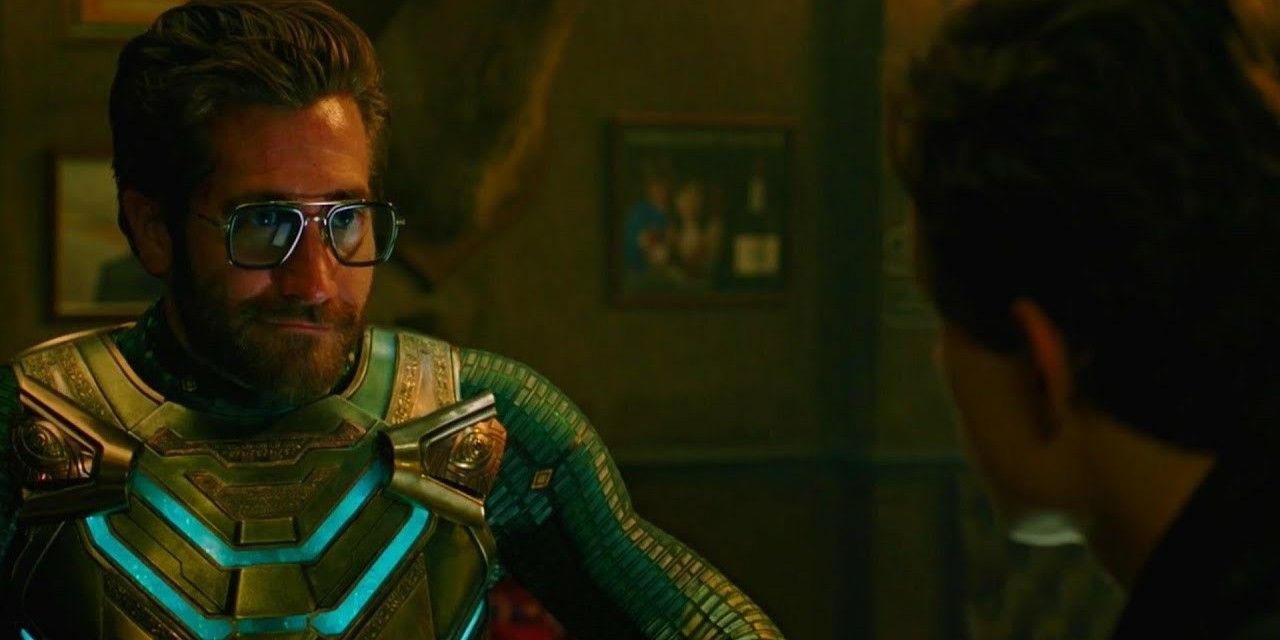 Mysterio wearing the EDITH glasses after Spider-Man gives them to him 
