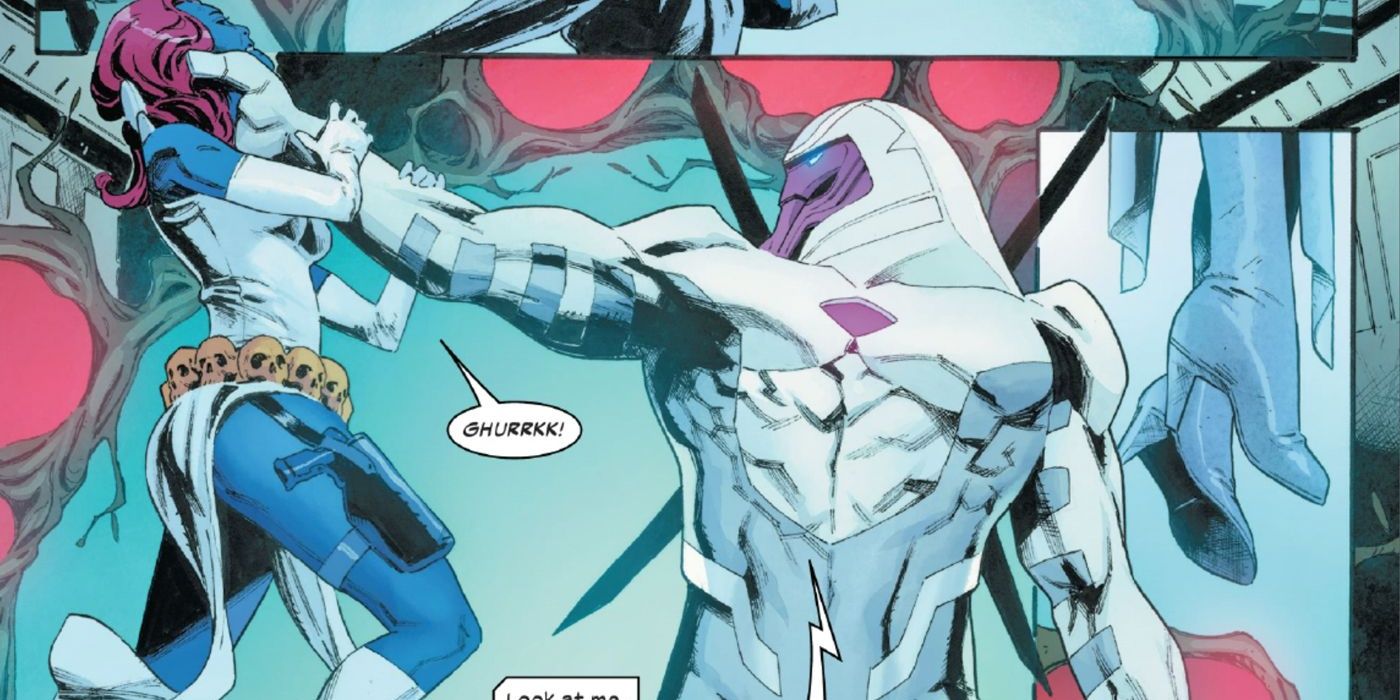 Marvel Comics' Mystique being strangled by Nimrod 